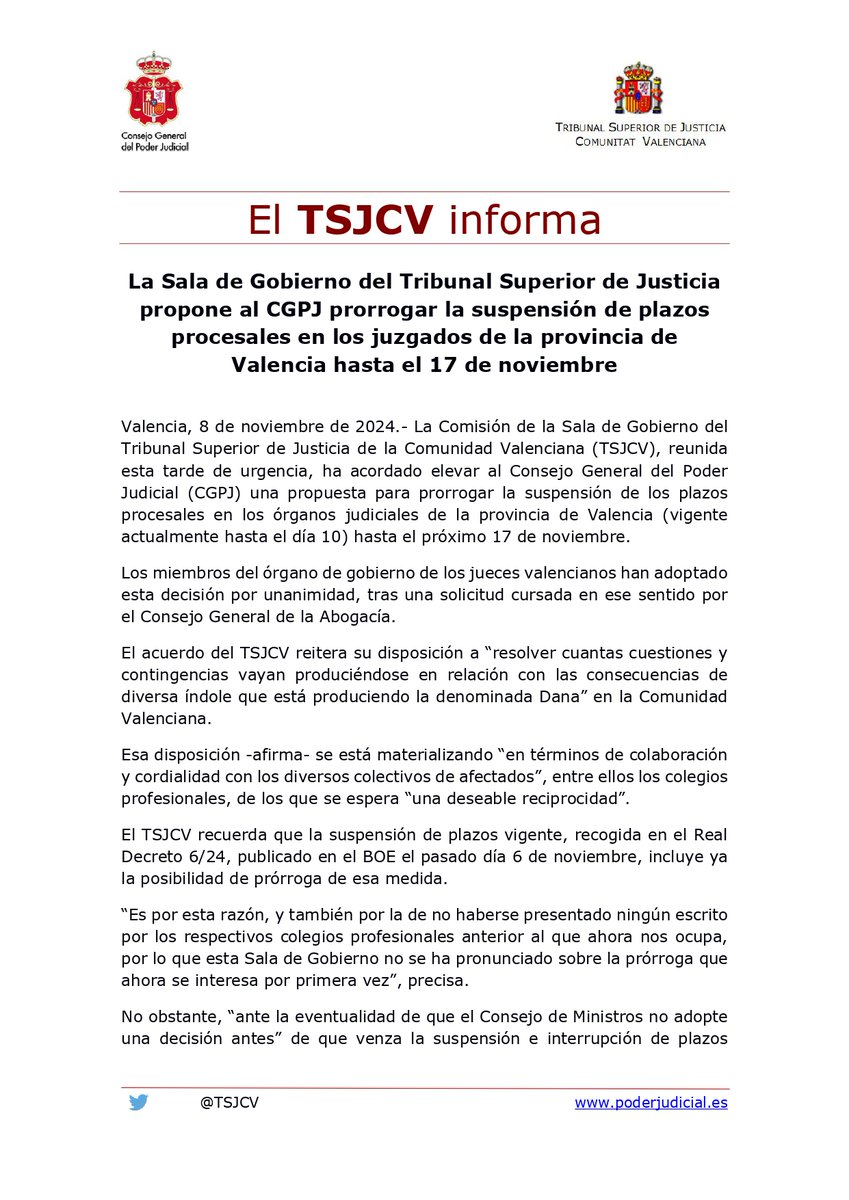 TSJCV's tweet photo. La Sala de Gobierno del @TSJCV, reunida esta tarde de urgencia, ha acordado elevar al @PoderJudicialEs una propuesta para prorrogar hasta el 17 de noviembre la suspensión de plazos procesales en los órganos judiciales de la provincia de #Valencia por la #Dana https://t.co/Q7NgWIOiU8