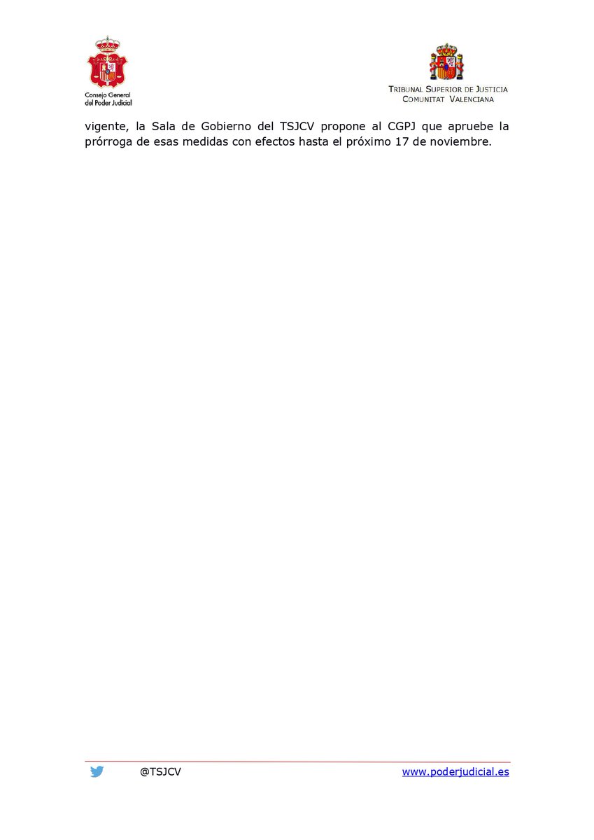 TSJCV's tweet photo. La Sala de Gobierno del @TSJCV, reunida esta tarde de urgencia, ha acordado elevar al @PoderJudicialEs una propuesta para prorrogar hasta el 17 de noviembre la suspensión de plazos procesales en los órganos judiciales de la provincia de #Valencia por la #Dana https://t.co/Q7NgWIOiU8