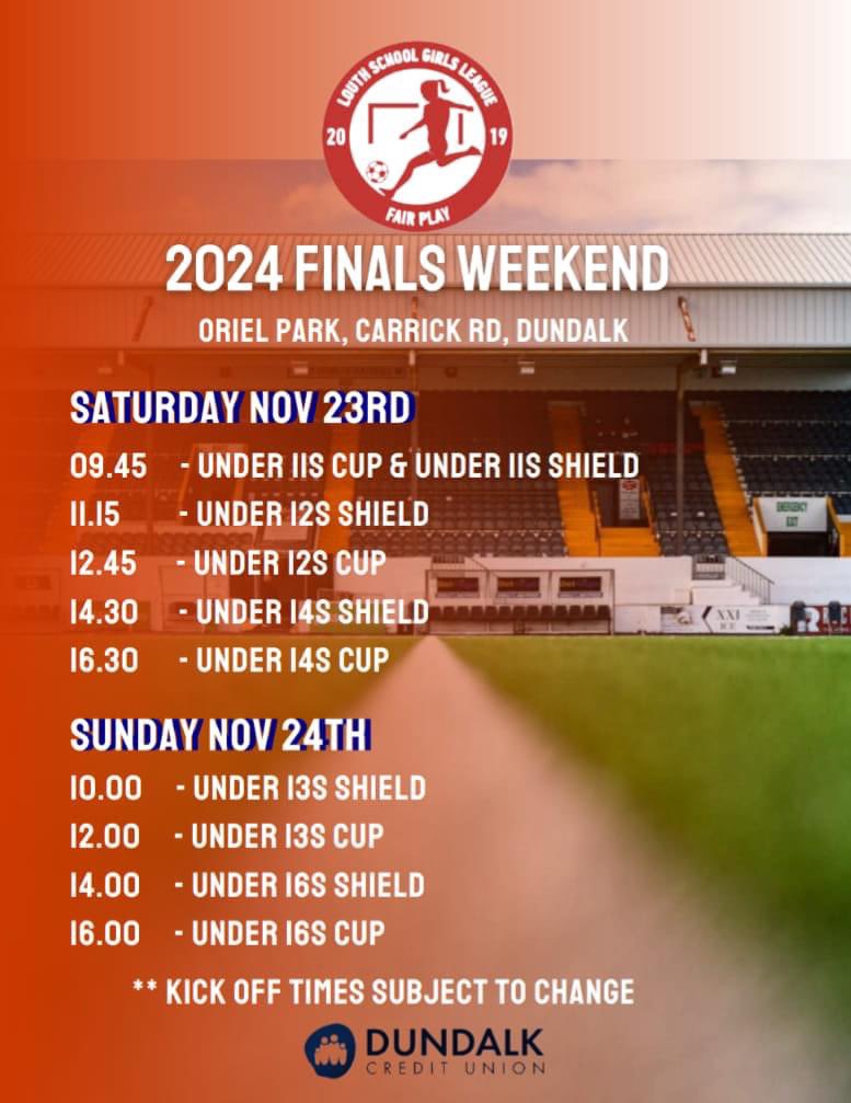 Finals Weekend Schedule......Here We Go !!!!

All eyes will be on the Home Of Football , Oriel Park, on the weekend for Nov 23rd/24th

An exciting culmination to a fantastic 2024 season with our Shield and Cup finals across the respective age groups

#LSGL24

🔴⚪