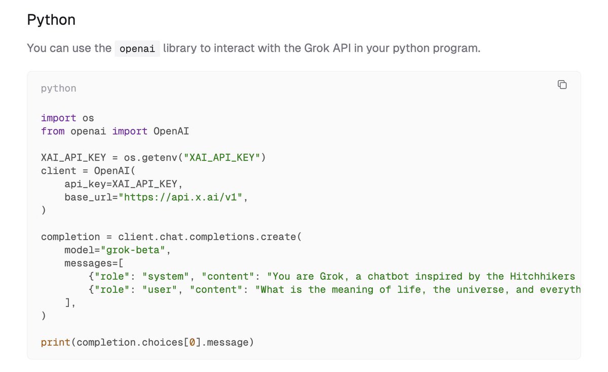 dr_cintas's tweet image. You should now be ready to use the xAI API for your own projects.
If you donโt have a lot of experience programming, you can always use AI to guide you.
If you do so, itโs very helpful to provide the AI with info about the API call. Here is the Grok API for Python ๐