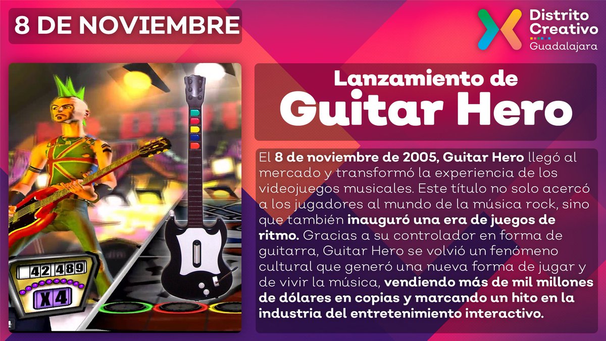 DistCreativo's tweet photo. 🎸🎮 Un 8 de noviembre de hace 19 años, Guitar Hero marcó un antes y un después en los videojuegos musicales, acercando el rock a los jugadores y revolucionando la forma de interactuar con la música. #Efemérides #Videojuegos https://t.co/VVC32VVQpf