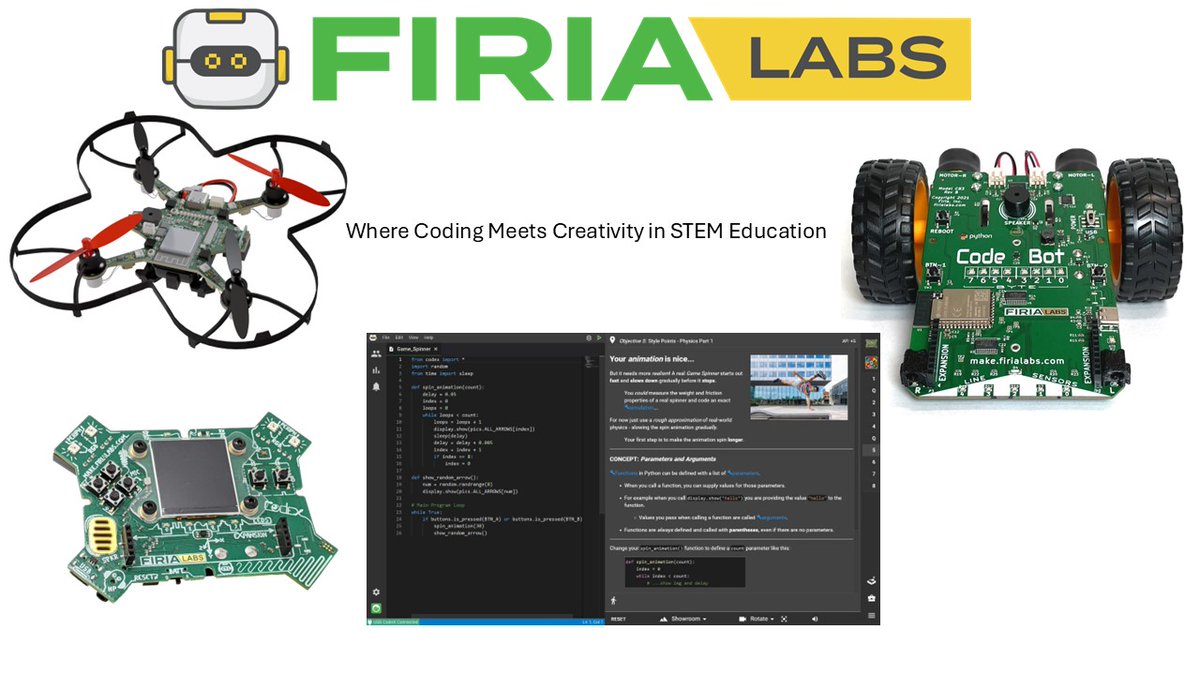 FiriaLabs's tweet photo. 🌟 Happy National STEM Day! 🌟
At Firia Labs, we’re on a mission to empower the next generation of innovators through hands-on #coding and #robotics that make learning real-world skills both fun and meaningful. Our #CodeSpace platform, #CodeAIR drone, #CodeBot rover & #CodeX device, challenge students to explore #Python programming, #electronics, and #AI—all within a supportive, engaging curriculum that grows with them from upper elementary school, to middle school & through high school.
Today, we celebrate the importance of #STEM education and the power it has to open doors to exciting futures. Here’s to sparking curiosity, inspiring creativity, and building skills that last a lifetime!
#NationalSTEMDay #STEMEducation #FiriaLabs #CodeSpace #Python #Robotics #HandsOnLearning #FutureInnovators