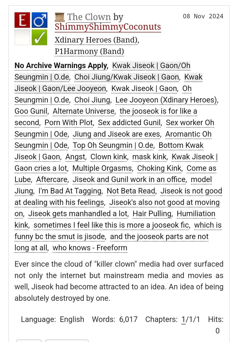 ssccn_ao3's tweet photo. °☆• The Clown •☆°
 ▪︎ 1/1 Chapters 
 ▪︎ 6,017 words
¤ nsfw https://t.co/qzJmgQSoBJ