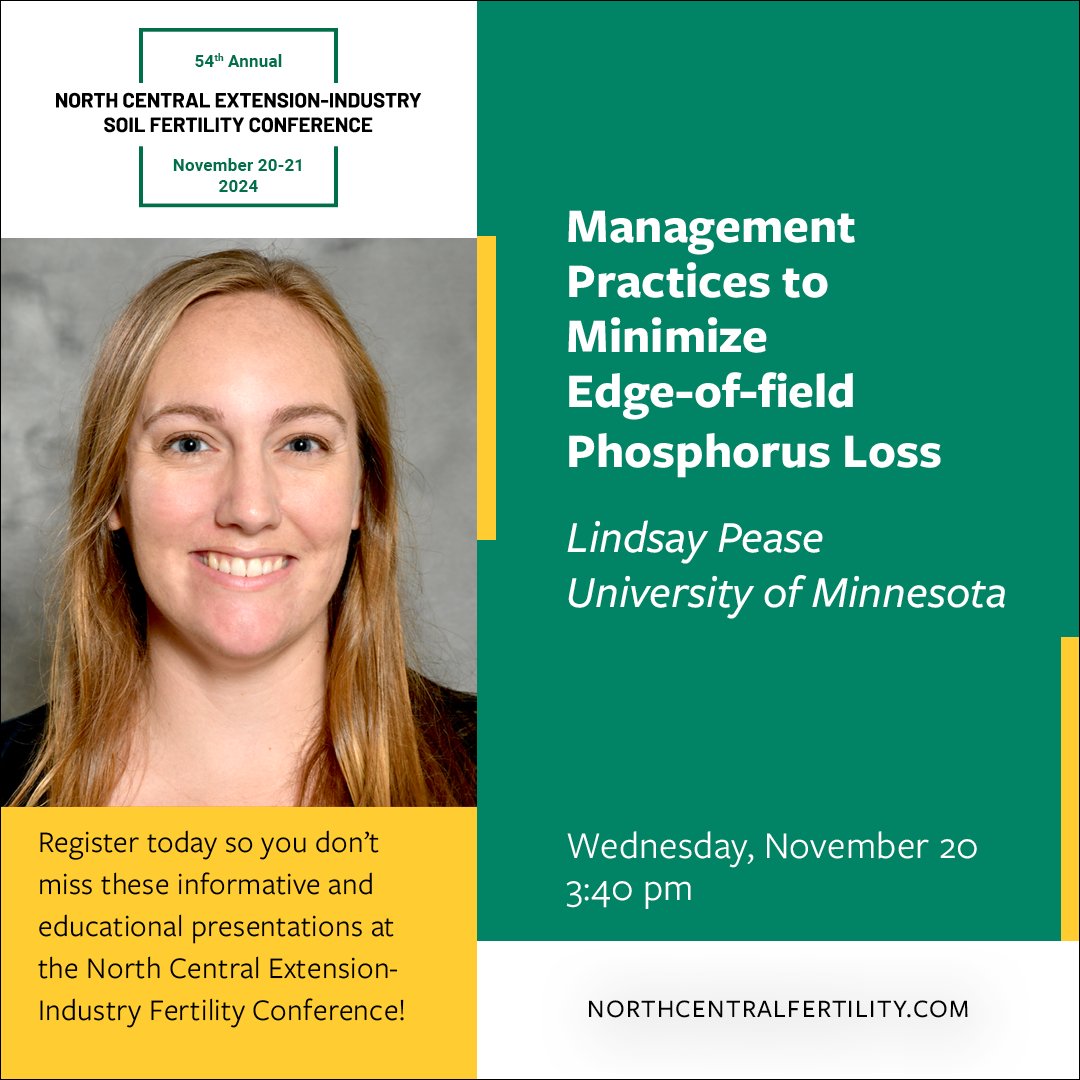 North Central Soil Fertility Conference (@northcentralsfc) on Twitter photo Don't miss Lindsay Pease's presentation "Management Practices to Minimize Edge-of-field Phosphorus Loss" at the 54th Annual NCSFC.
<a href="/LPeaseUMN/">Lindsay Pease</a>
For more information, please visit: northcentralfertility.com/Program/AGlance
#soilfertilityconference #54thNCSFC #NorthCentralSFC Don't miss Lindsay Pease's presentation "Management Practices to Minimize Edge-of-field Phosphorus Loss" at the 54th Annual NCSFC.
<a href="/LPeaseUMN/">Lindsay Pease</a>
For more information, please visit: northcentralfertility.com/Program/AGlance
#soilfertilityconference #54thNCSFC #NorthCentralSFC