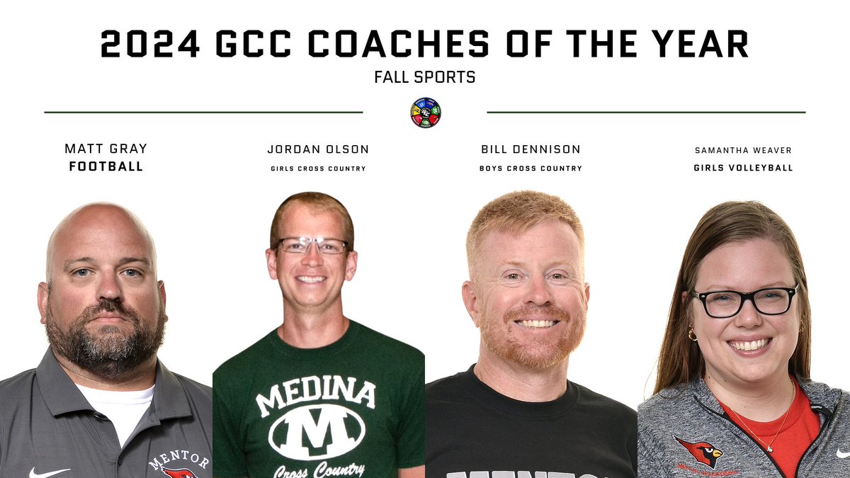 Congratulations to the 2024 GCC Fall Sports Coaches of the Year!

Football: Matt Gray - Mentor
Girls Cross Country: Jordan Olson - Medina
Boys Cross Country: Bill Dennison - Mentor
Volleyball: Samantha Weaver  - Mentor