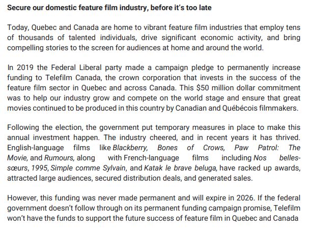 HertzBarry's tweet photo. NEW: 1,300+ members of Canadian film industry, including Denis Villeneuve, Clement Virgo, Sarah Gadon, and Xavier Dolan join forces to urge Trudeau to keep Liberals' election promise of permanently increasing funding to @Telefilm_Canada before current funding expires in '26 https://t.co/5i81mQAz7e