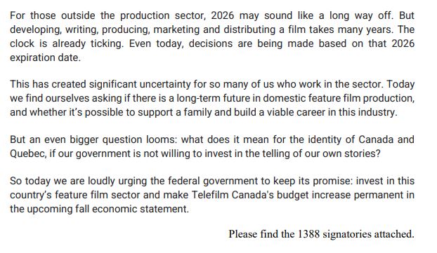 NEW: 1,300+ members of Canadian film industry, including Denis Villeneuve, Clement Virgo, Sarah Gadon, and Xavier Dolan join forces to urge Trudeau to keep Liberals' election promise of permanently increasing funding to <a href="/Telefilm_Canada/">Telefilm Canada</a> before current funding expires in '26