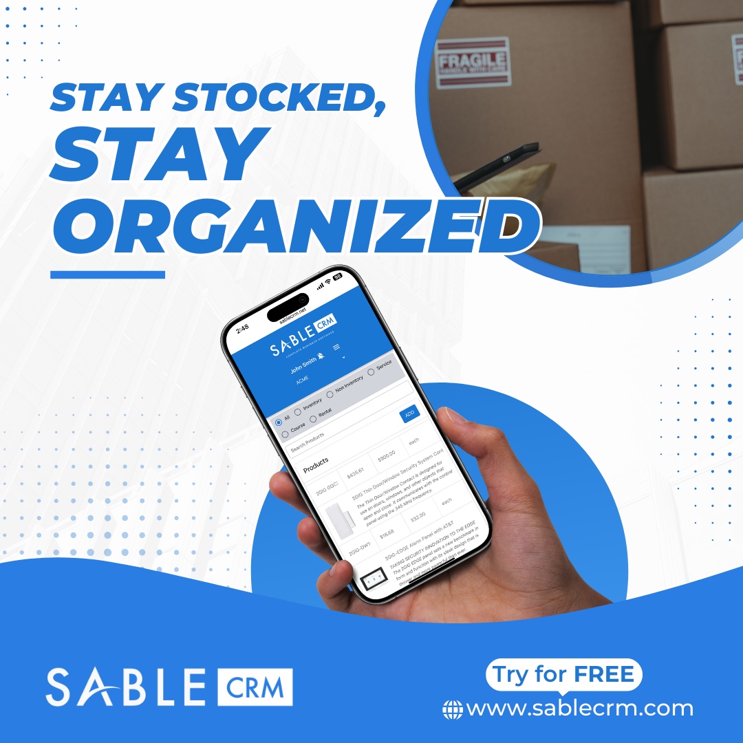 SableCRM's tweet photo. Keep your inventory in check with Sable CRM. Track stock levels and stay organized, so you’re always prepared for the next job. 📦📱

Try for FREE today at https://t.co/oNd2wIL3jv https://t.co/sUr5Iq5uPP