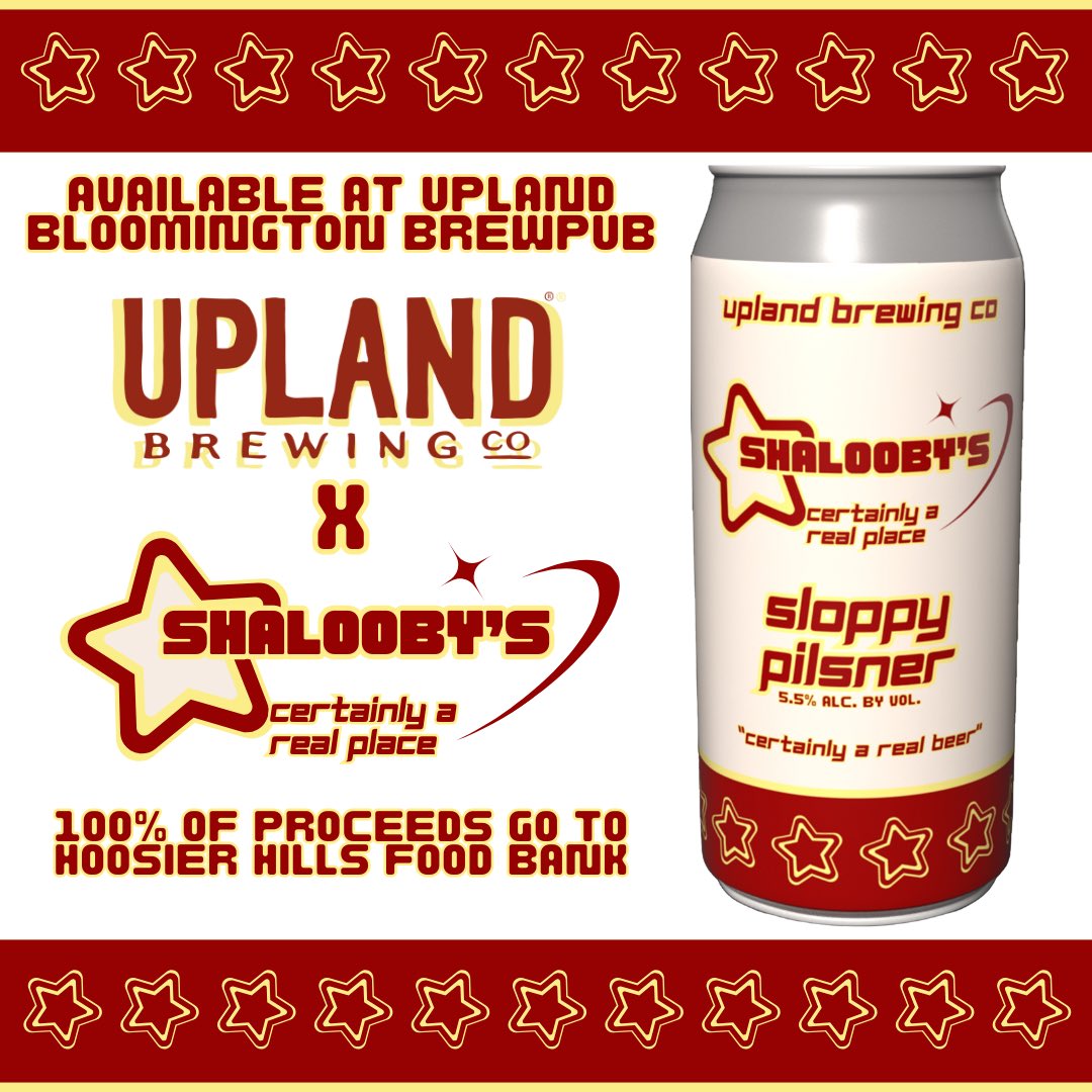 UplandBrewCo's tweet photo. This is real. For real this time. Upland Brewing Co. x @shaloobys. The Shalooby’s Sloppy Pilsner will be available for purchase at the Upland Bloomington Brewpub location. All proceeds will go to support the @HoosierHillsFB CHEERS! #NeverDaunted #SloppyPilsner https://t.co/cSNGgWvgho