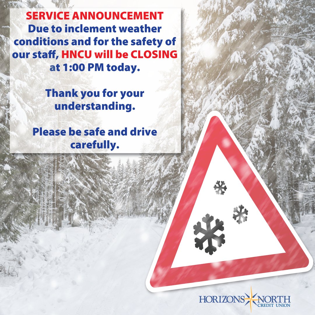 🚨Service Announcement🚨
Due to inclement weather conditions and for the safety of our staff, HNCU will be CLOSING at 1:00 PM today. Thank you for your understanding. #BetterBanking #Community #snowstorm #WeatherReady #cowx #coloradoweather #StaySafe