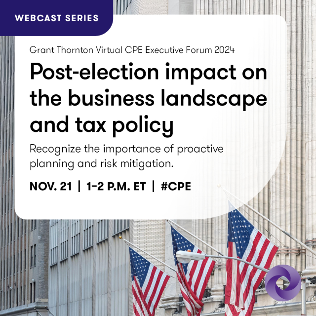 RUSSOCPANYC's tweet photo. The election could significantly impact your business, specifically tax planning. Don't miss our post-election #webcast on Nov 21 covering how the results will shape the business landscape. Secure your spot for @GrantThorntonUS's vCPE #WebcastSeries. #CPE https://t.co/2H8f8PeekD https://t.co/0qVMTaxEDi