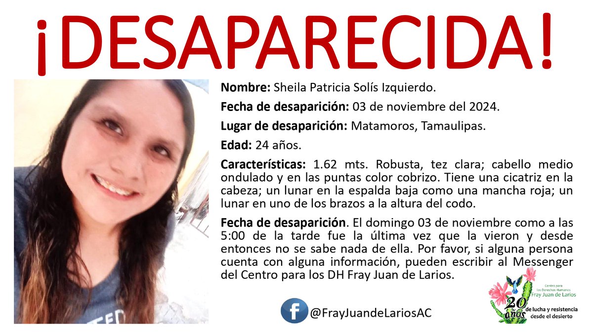 Fray Juan de Larios (@frayjuanlarios) on Twitter photo Por favor, les pedimos compartan mientras se interpone la denuncia. La chica se encuentra en un estado de vulnerabilidad. <a href="/FUNDEM_Mx/">FUNDEM</a> <a href="/movNDmx/">@movNDmx</a> <a href="/RedTDT/">Red TDT</a> <a href="/RedDefensorasMx/">𝗥𝗲𝗱 𝗗𝗲𝗳𝗲𝗻𝘀𝗼𝗿𝗮𝘀 𝗠é𝘅𝗶𝗰𝗼</a> <a href="/RNRoficial/">Red Nacional de Refugios, AC</a> <a href="/redretono/">Red Retoño</a> <a href="/RDesaparecidosT/">DesaparecidosTam</a> <a href="/gobtam/">Gobierno Tamaulipas</a> <a href="/FGJ_Tam/">Fiscalía General de Justicia de Tamaulipas</a> <a href="/Claudiashein/">Claudia Sheinbaum Pardo</a> <a href="/Busqueda_MX/">Comisión Nal. de Búsqueda Mx</a> <a href="/FGRMexico/">FGR México</a> Por favor, les pedimos compartan mientras se interpone la denuncia. La chica se encuentra en un estado de vulnerabilidad. <a href="/FUNDEM_Mx/">FUNDEM</a> <a href="/movNDmx/">@movNDmx</a> <a href="/RedTDT/">Red TDT</a> <a href="/RedDefensorasMx/">𝗥𝗲𝗱 𝗗𝗲𝗳𝗲𝗻𝘀𝗼𝗿𝗮𝘀 𝗠é𝘅𝗶𝗰𝗼</a> <a href="/RNRoficial/">Red Nacional de Refugios, AC</a> <a href="/redretono/">Red Retoño</a> <a href="/RDesaparecidosT/">DesaparecidosTam</a> <a href="/gobtam/">Gobierno Tamaulipas</a> <a href="/FGJ_Tam/">Fiscalía General de Justicia de Tamaulipas</a> <a href="/Claudiashein/">Claudia Sheinbaum Pardo</a> <a href="/Busqueda_MX/">Comisión Nal. de Búsqueda Mx</a> <a href="/FGRMexico/">FGR México</a>