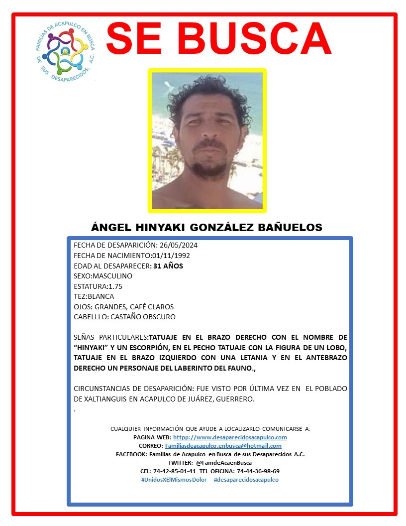 Rociorosbell's tweet photo. @Soldado374 Boletín de #Búsqueda 🔍
Solicitamos su ayuda y colaboración para localizar a:
👤Ángel Hinyaki González Bañuelos 
#Guerrero #Mexico #Noticias #ULTIMAHORA #DESAPARECIDOS #Acapulco
#C4ENALERTA

📌Si conoces, has visto o sabes algo sobre su paradero llama a los números: https://t.co/n1nycCoC63