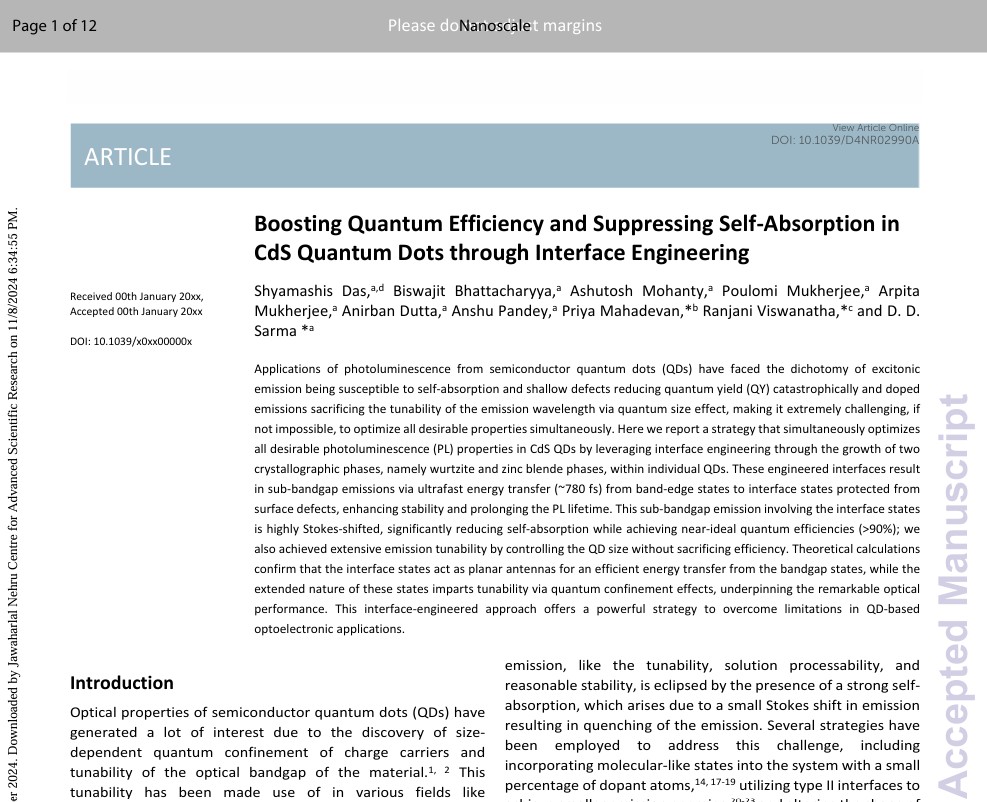 Quantum Dot Lab @JNCASR (@quantumdotlab1) on Twitter photo 🌟 Excited to share that our recent work on "Boosting Quantum Efficiency and Suppressing Self-Absorption in CdS Quantum Dots through Interface Engineering" has been accepted in <a href="/nanoscale_rsc/">Nanoscale journal family</a>! 🎉 Huge congratulations to all co-authors! Read more: pubs.rsc.org/en/content/art… 🌟 Excited to share that our recent work on "Boosting Quantum Efficiency and Suppressing Self-Absorption in CdS Quantum Dots through Interface Engineering" has been accepted in <a href="/nanoscale_rsc/">Nanoscale journal family</a>! 🎉 Huge congratulations to all co-authors! Read more: pubs.rsc.org/en/content/art…