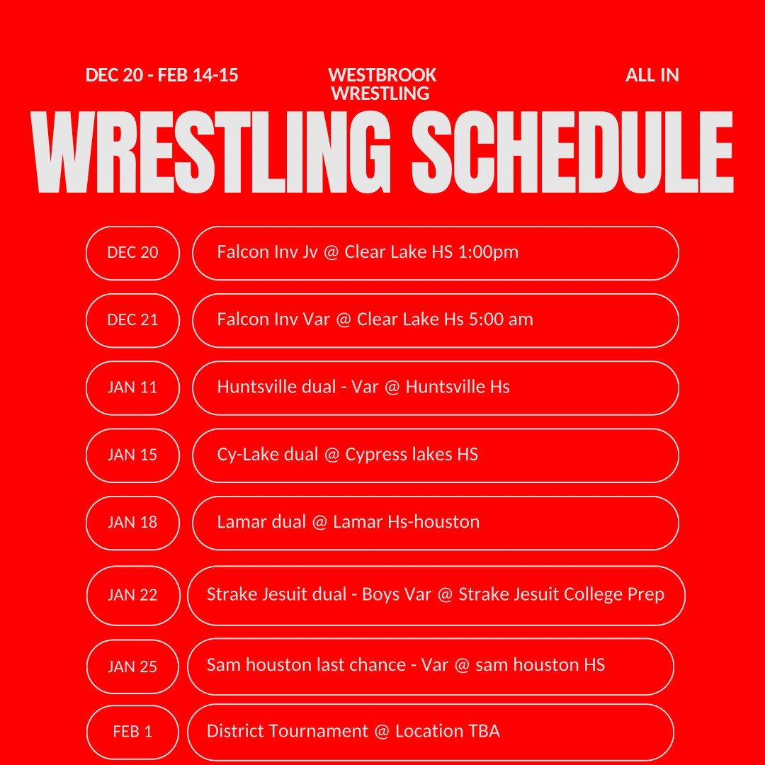 The West Brook wrestlers have a busy schedule starting soon. Here’s the schedule below. These kids have been working hard and we expect a strong season for many of them. If you know any of them, wish them luck this season! #gobruins