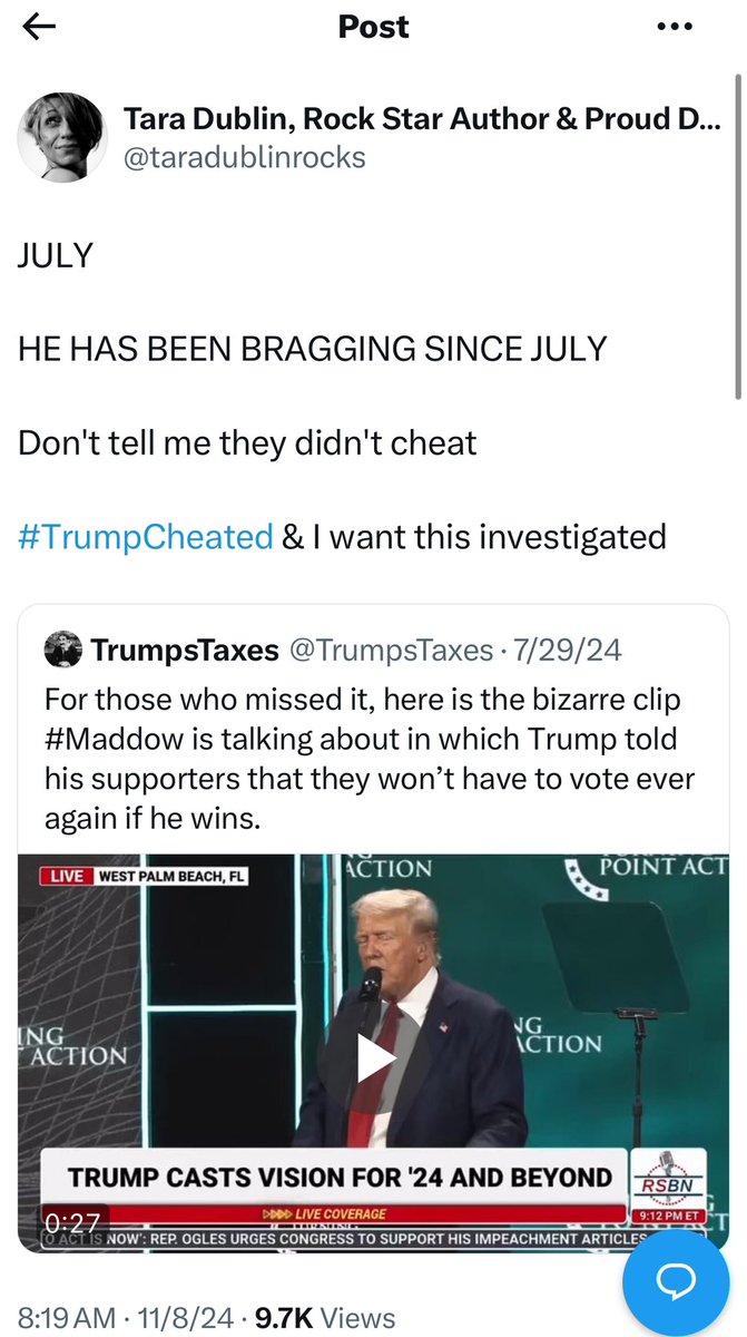 1. Trump stages the fake assassination in Butler July 13th &amp; immediately gets endorsed by Elon Musk

2. By July 29th, Trump is telling everybody they don’t need to vote because they already have the votes

This timing is more than incredibly sus 

#TrumpCheated <a href="/marceelias/">Marc E. Elias</a>