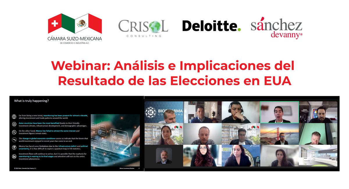 SwissChamMexico's tweet photo. 🇺🇸🗳️Con el objetivo de conocer un análisis e implicaciones al respecto del resultado de las recientes elecciones en EUA, llevamos a cabo un webinar con las perspectivas @DeloitteMX, @sanchezdevanny, y @Crisol Consulting. https://t.co/6TaVJDNQMG