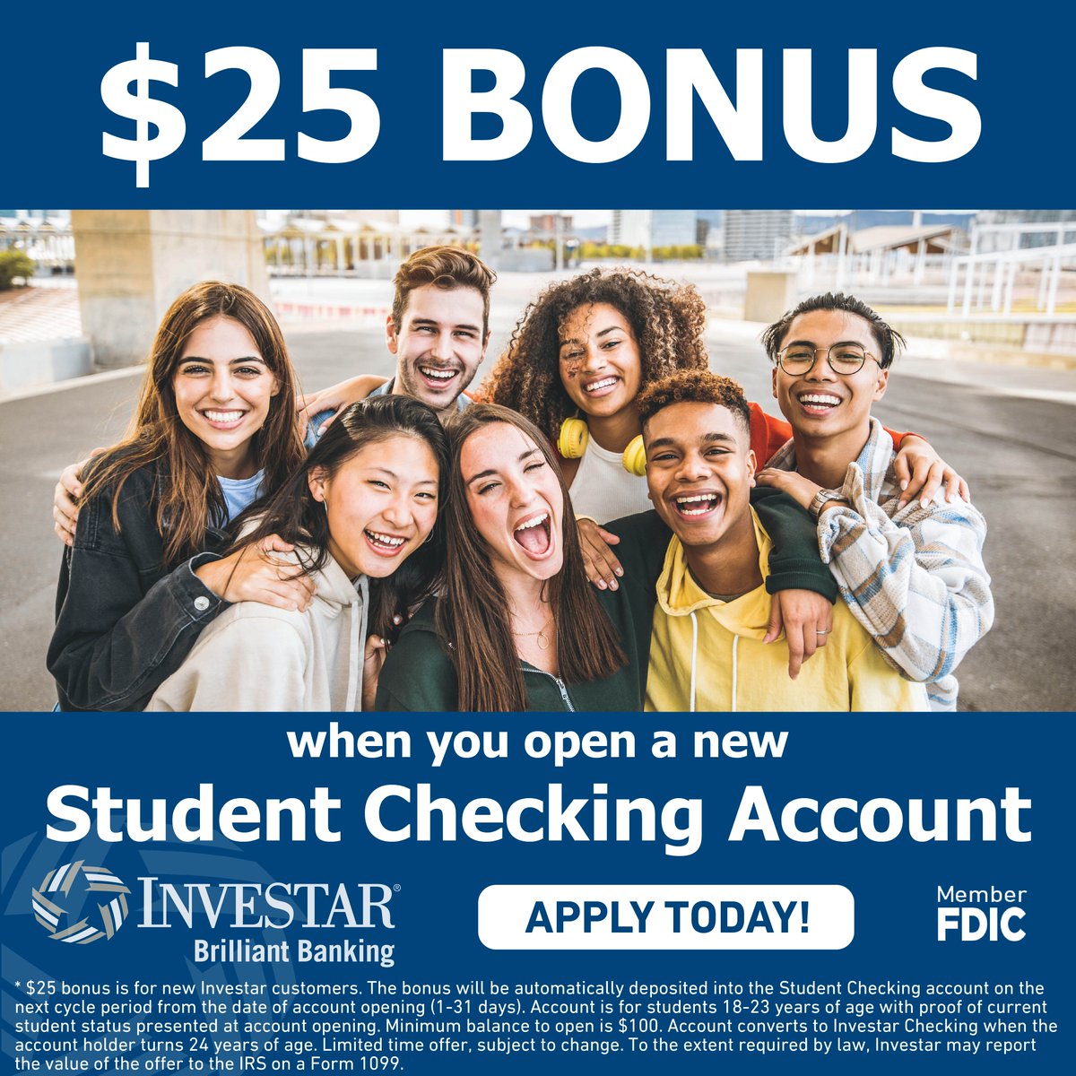 realinvestar's tweet photo. Calling all college students! Enjoy a $25 Bonus when you open a Student Checking Account. Do not delay! This offer is for a limited time only. Learn more or open an account today at https://t.co/H1UnCblDN0
#WeAreInvestar #StudentChecking https://t.co/jqWO6OGl3p
