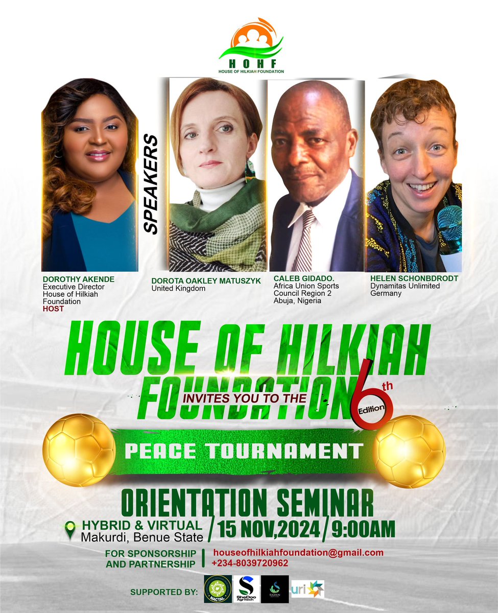 Countdown 7 days to go 
6 Edition of the <a href="/houseofhilkiah/">house of hilkiah</a> Peace Tournament 2024!
We are open to partnership and collaboration!
Check the flyer for details!