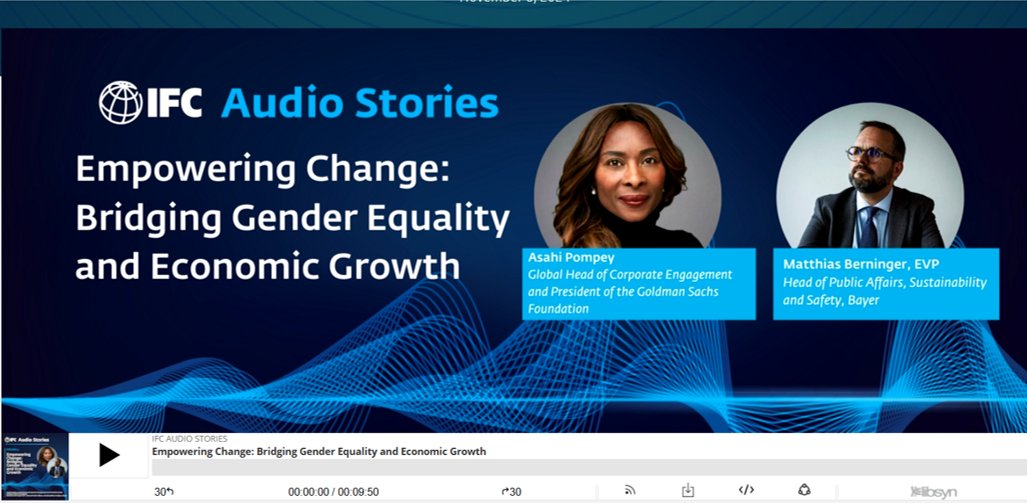 Empowering women is key to ending poverty &amp; boosting prosperity. Hear from <a href="/GoldmanSachs/">Goldman Sachs</a>' Foundation Asahi Pompey and <a href="/Bayer/">Bayer AG</a>'s Matthias Berninger and on how <a href="/IFC_org/">IFC</a> is advancing #GenderEquality through action and innovation! wrld.bg/8SHn50U3o8P