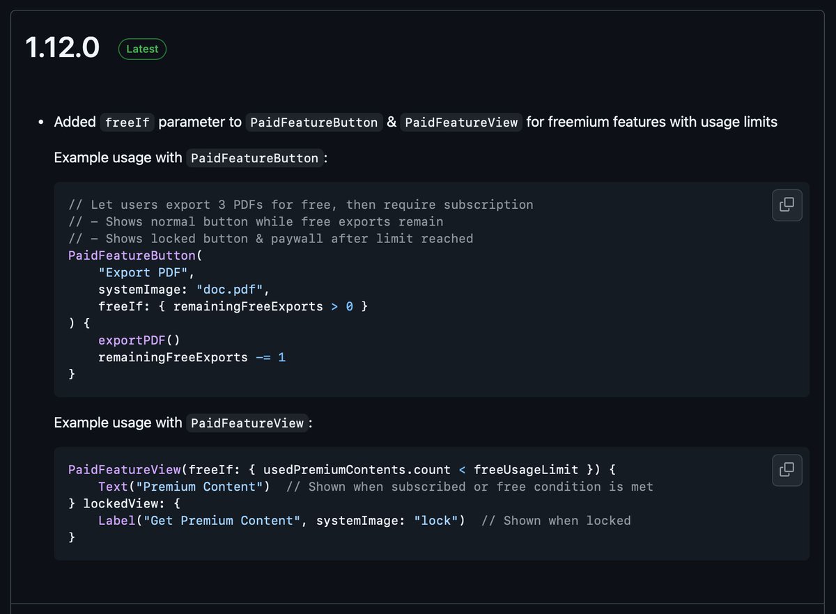 Implementing #freemium features should be easy.

That's why we added the `freeIf` parameter:
✨ One line of code
🔄 Automatic state handling
🎯 Perfect for usage limits
🎨 Native #SwiftUI feel

Here's how simple it is: 👇
#iOSDev #Swift