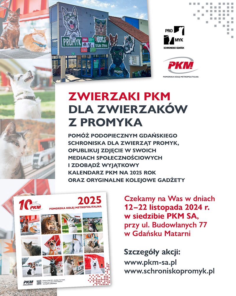 PKMsaGdansk (@pkmsagdansk) on Twitter photo Zachęcamy do udziału w naszej akcji. 🐶😻
Szczegóły na stronie internetowej #PKM:
pkm-sa.pl/2024/11/08/zwi…
<a href="/PomorskieEU/">Samorząd Województwa Pomorskiego</a>
<a href="/strukmieczyslaw/">Mieczysław Struk</a>
<a href="/gdansk/">Miasto Gdańsk</a> Zachęcamy do udziału w naszej akcji. 🐶😻
Szczegóły na stronie internetowej #PKM:
pkm-sa.pl/2024/11/08/zwi…
<a href="/PomorskieEU/">Samorząd Województwa Pomorskiego</a>
<a href="/strukmieczyslaw/">Mieczysław Struk</a>
<a href="/gdansk/">Miasto Gdańsk</a>
