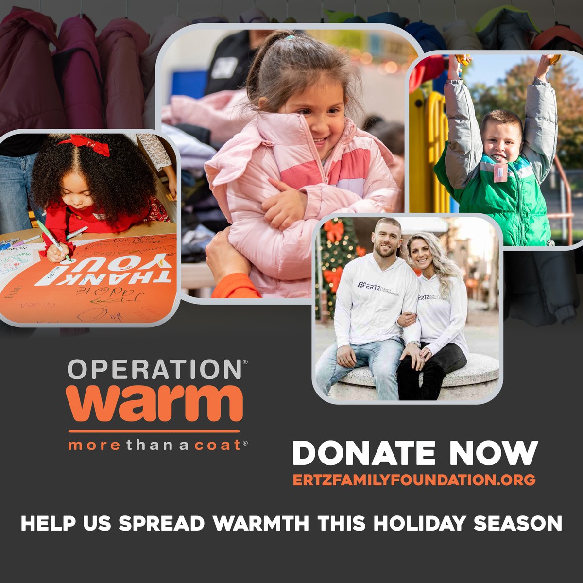 We're so proud to team up with <a href="/OperationWarm/">Operation Warm</a>  🙌🏼  Since 1998, Operation Warm has provided warmth, confidence, and hope to over 6 million children living in need. 

Donate TODAY at ErtzFamilyFoundation.org or bit.ly/ErtzOperationW…