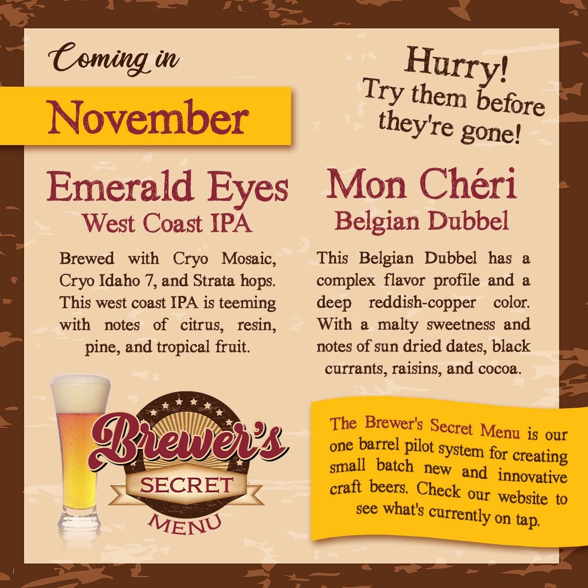 Introducing the Brewer’s #SecretMenu for November! These small-batch brews are crafted in limited runs and come and go quickly. Head to our website to see what’s currently on tap and grab them before they’re gone! Check out the menu: shorturl.at/NuFUn
