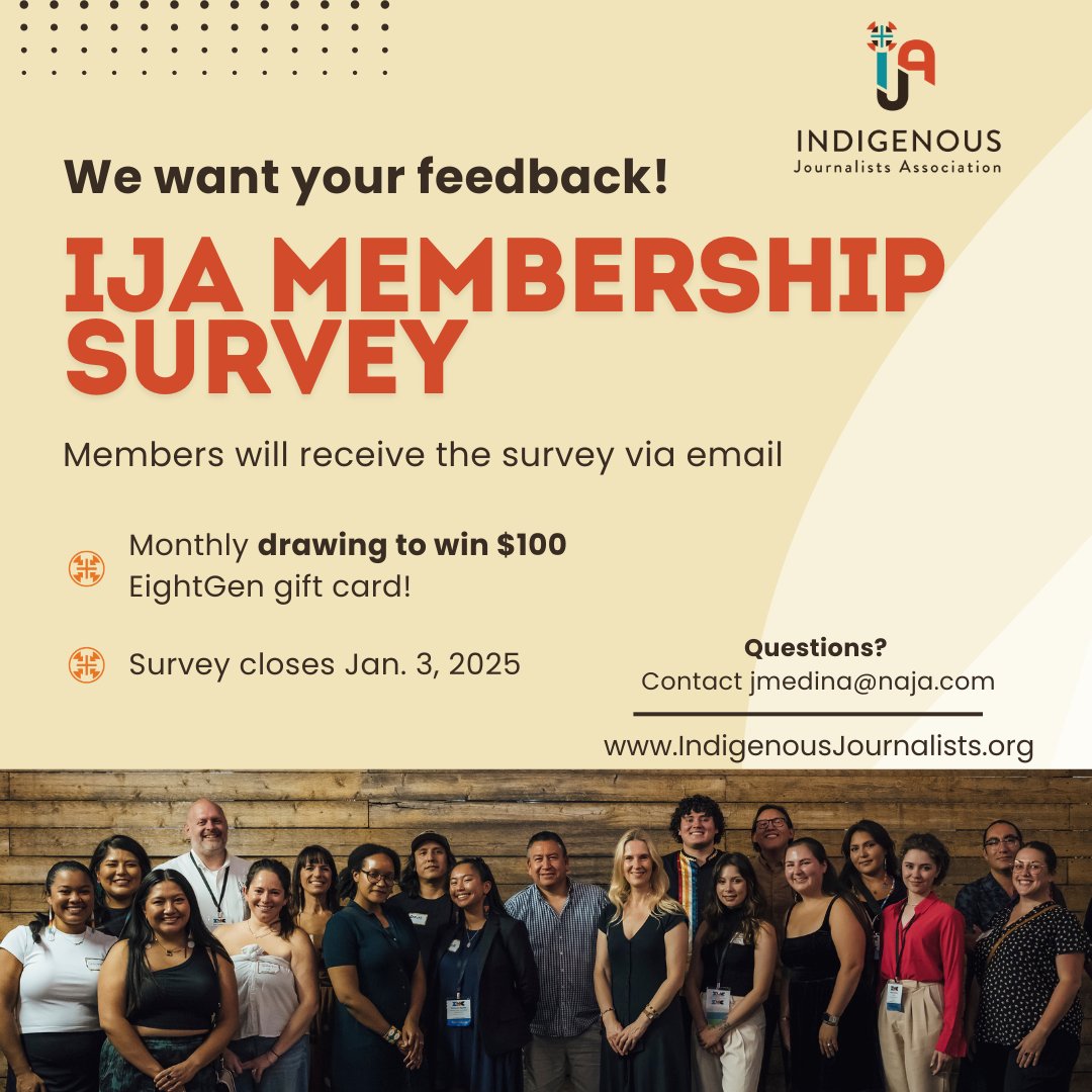 IndigenousJA's tweet image. 📣 @IndigenousJA membership survey is now open through Jan. 3, 2025. Current members can share their feedback about programs, resources and organizational priorities by completing the 15-minute survey. - tinyurl.com/2rh8mmfj

#IndigenousJournalism