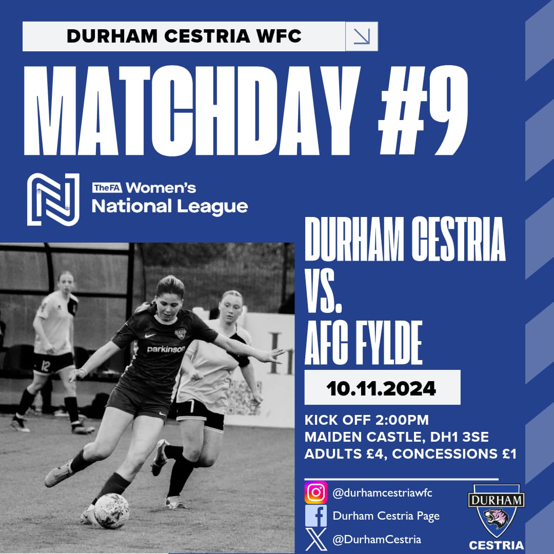 DurhamCestria's tweet photo. Fixture details!

We're back at home on Sunday as we host @FyldeWomenFC in the league. 

We went head to head in the FAWNL Cup and the FA Cup last season...with both sides taking one win each it's set to be a great game! https://t.co/ihWGFZ1JNc