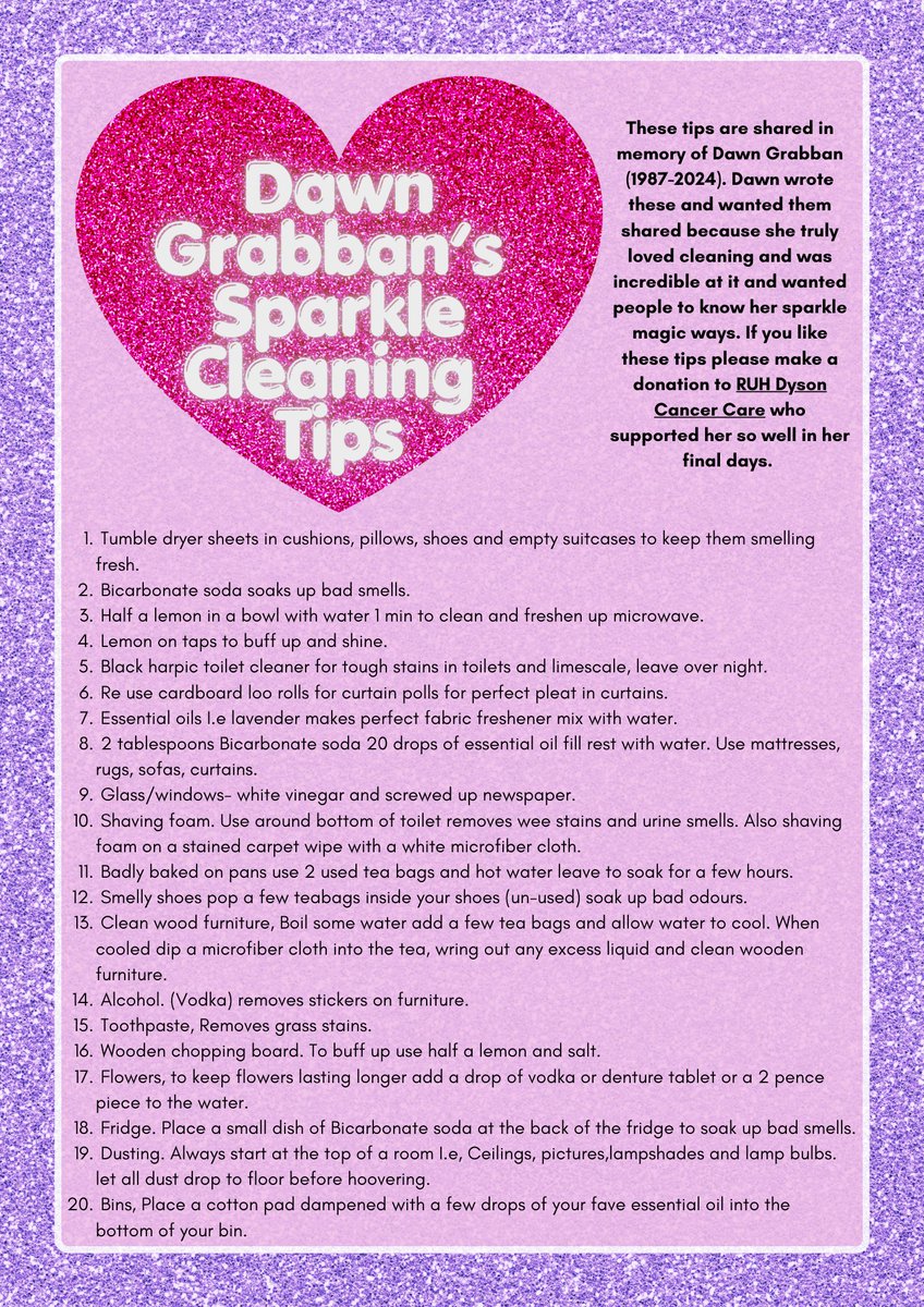 Alice Hoyle (@alicehoyleed) on Twitter photo Many of you donated to my fundraisers for Dawn and Mason a couple of years back. Dawn fought so hard but sadly died on wednesday. She wanted me to share these tips in her memory. Please make your house sparkle this weekend and donate to <a href="/RUHBath/">RUH Bath 🏥</a> Dyson Cancer Care who were fab. Many of you donated to my fundraisers for Dawn and Mason a couple of years back. Dawn fought so hard but sadly died on wednesday. She wanted me to share these tips in her memory. Please make your house sparkle this weekend and donate to <a href="/RUHBath/">RUH Bath 🏥</a> Dyson Cancer Care who were fab.