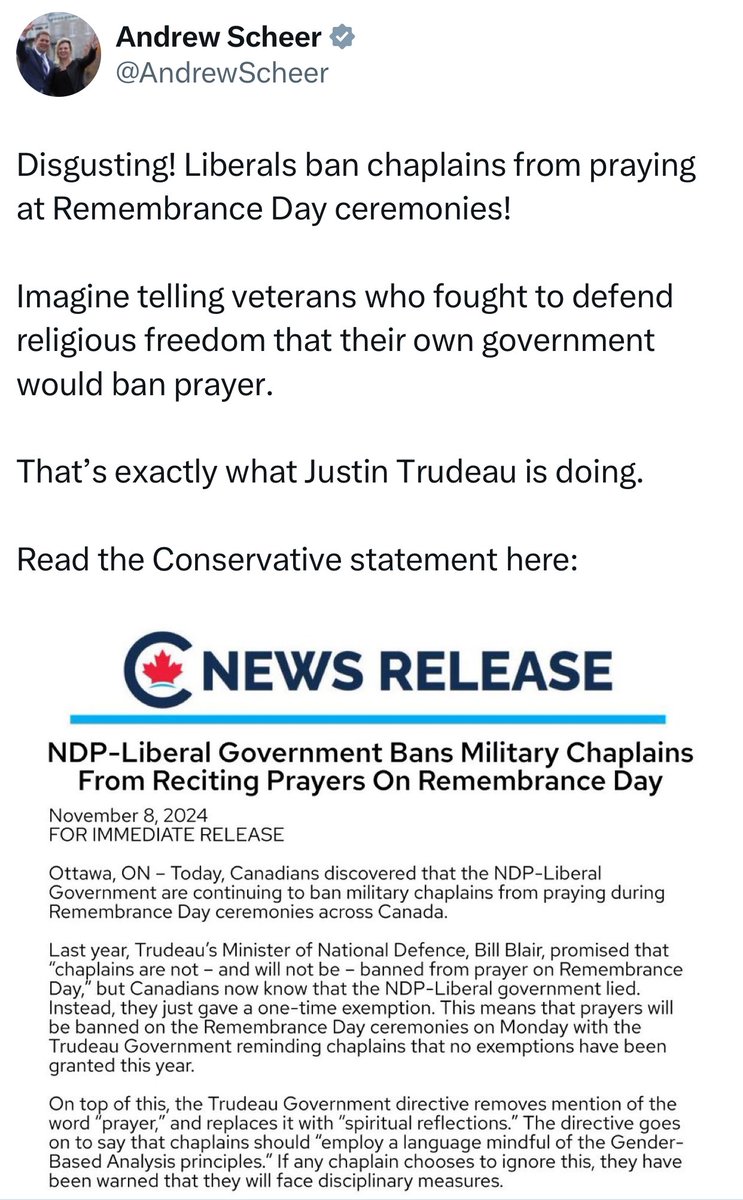 journo_dale's tweet image. As usual, this is not true.
The Liberals did not ban prayer. The Chaplain General issues directives independently intended to be more inclusive, but the Conservatives can’t rage-bait with the truth.