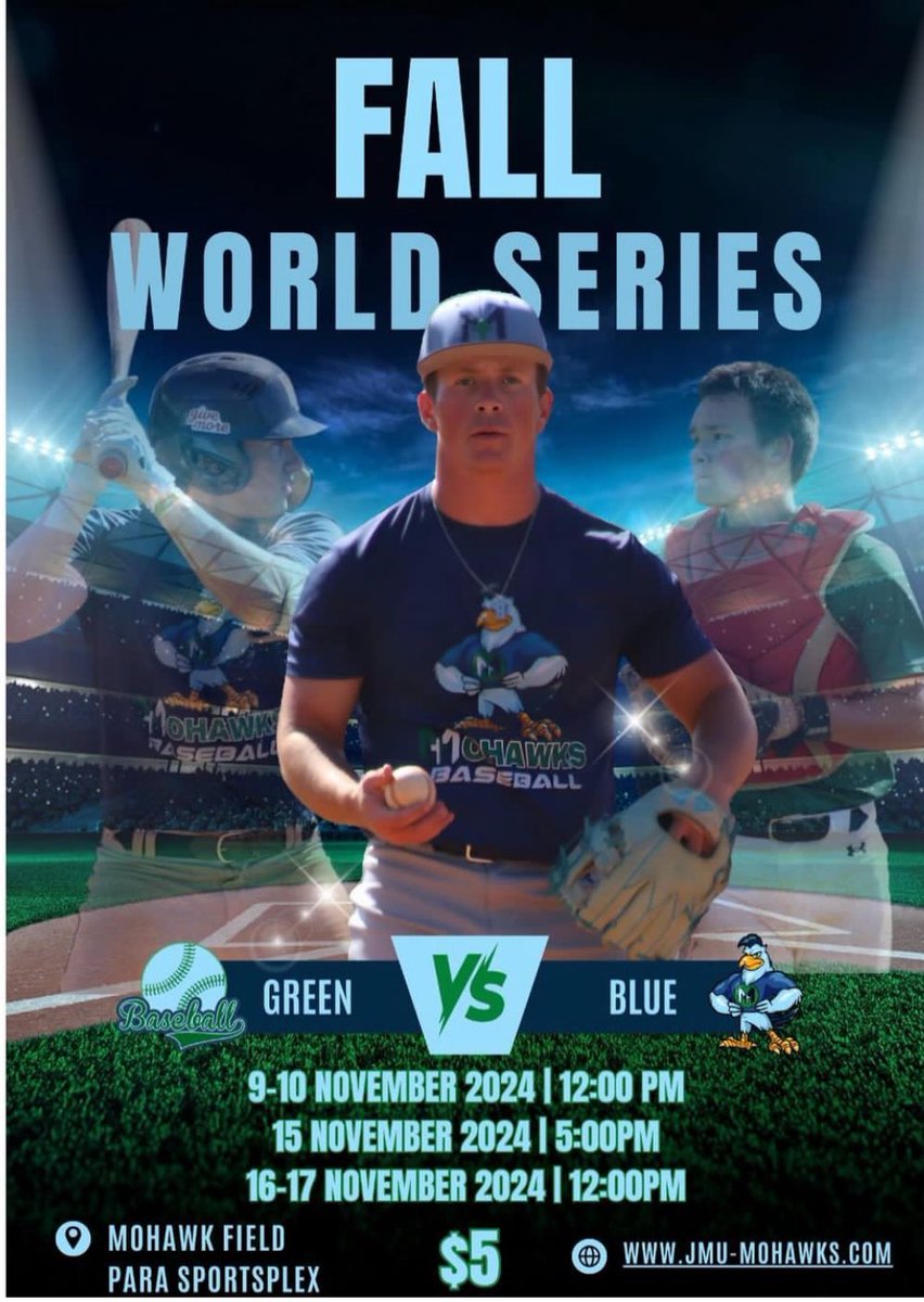 Get ready for the action!
The first annual John
Melvin Mohawks Fall World Series starts THIS Saturday at 12:00 PM!
Tickets are just $5 - don’t miss out on the excitement! 💚💙⚾️