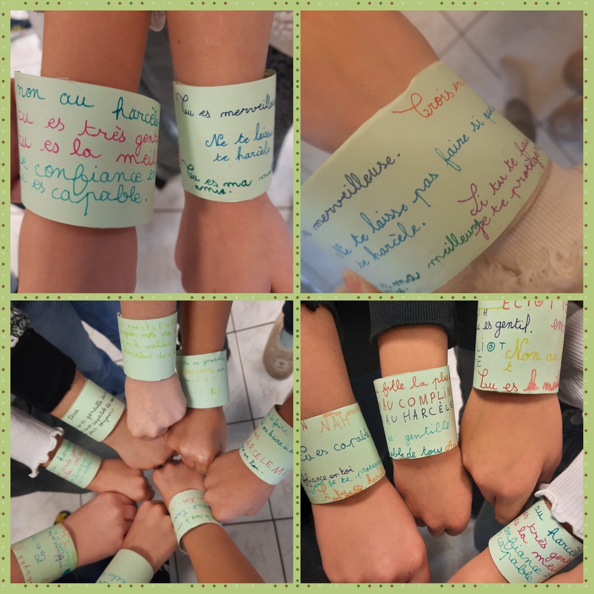 "Non au harcèlement, oui aux compliments" : offrir un bracelet à un camarade. "Tu es merveilleuse", "crois en toi", "je suis là pour toi"... 🫶  #NAH #NonAuHarcelement