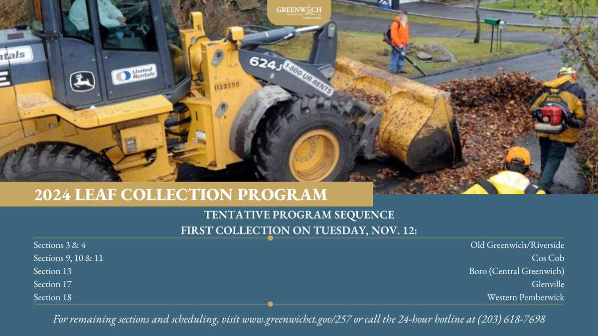 Leaf it to Greenwich DPW! 🍂 The 2024 Leaf Collection Program is in full swing, and our crews are hard at work. Check out the first round of collections and stay in the loop all season long: greenwichct.gov/257/Leaf-Colle… #DPWGreenwich #GreenwichCT #LeafCollectionProgram