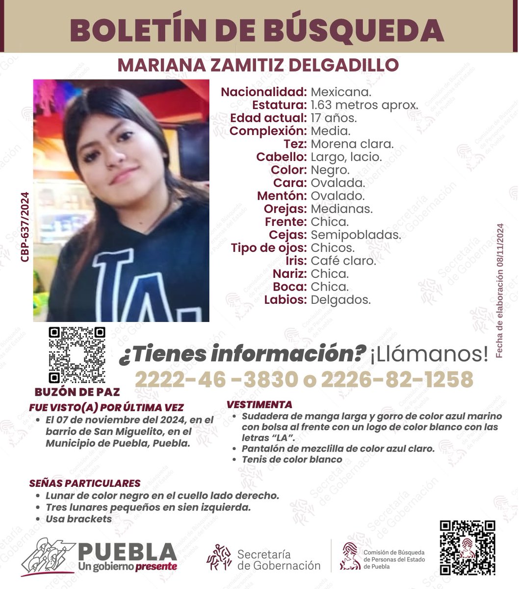 busquedagobpue's tweet photo. Solicitamos su colaboración para la pronta localización de LMariana Zamitiz Delgadillo, visto por última vez en el Municipio de Puebla, Puebla. 
¿Tienes información? ¡Llámanos! 2226821258 https://t.co/OxA9ucFPub