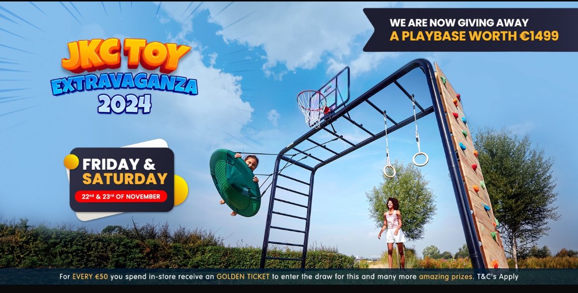 jkctoymaster's tweet photo. WE ARE GIVING AWAY A BERG PLAYBASE at this year’s JKC TOY Extravaganza @jkctoymaster 
For every €50 you spend you will receive a €5 Voucher AND a Golden Ticket to be in with a chance to win the PLAYBASE or one of the many prizes on offer https://t.co/sh9DBEnczs