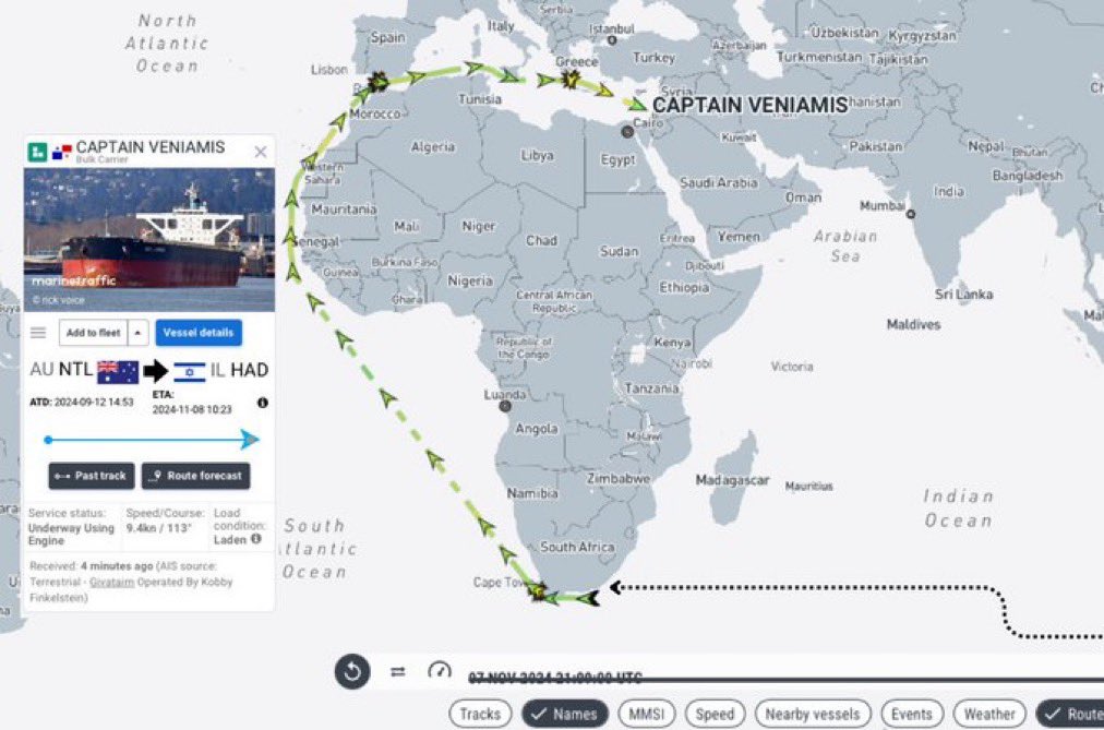 AlFaitAccompli's tweet photo. 🚨#BREAKING Long Haul: Australian Coal Takes Lengthy Detour to Israel as Red Sea Route Blocked

The Australian vessel Captain Veniamis carrying a coal shipment reached Israel after a lengthy 14,000-nautical-mile detour around the Cape of Good Hope. The journey was forced to nearly double in distance, as the usual 8,600-nautical-mile Red Sea route remains blocked by Yemen for Israeli-bound vessels

#Yemen has blocked all ships heading to #Israel in protest of Israel’s blockade on #Gaza, which continues to restrict essential aid such as food, medicine, and humanitarian supplies.

#Australia