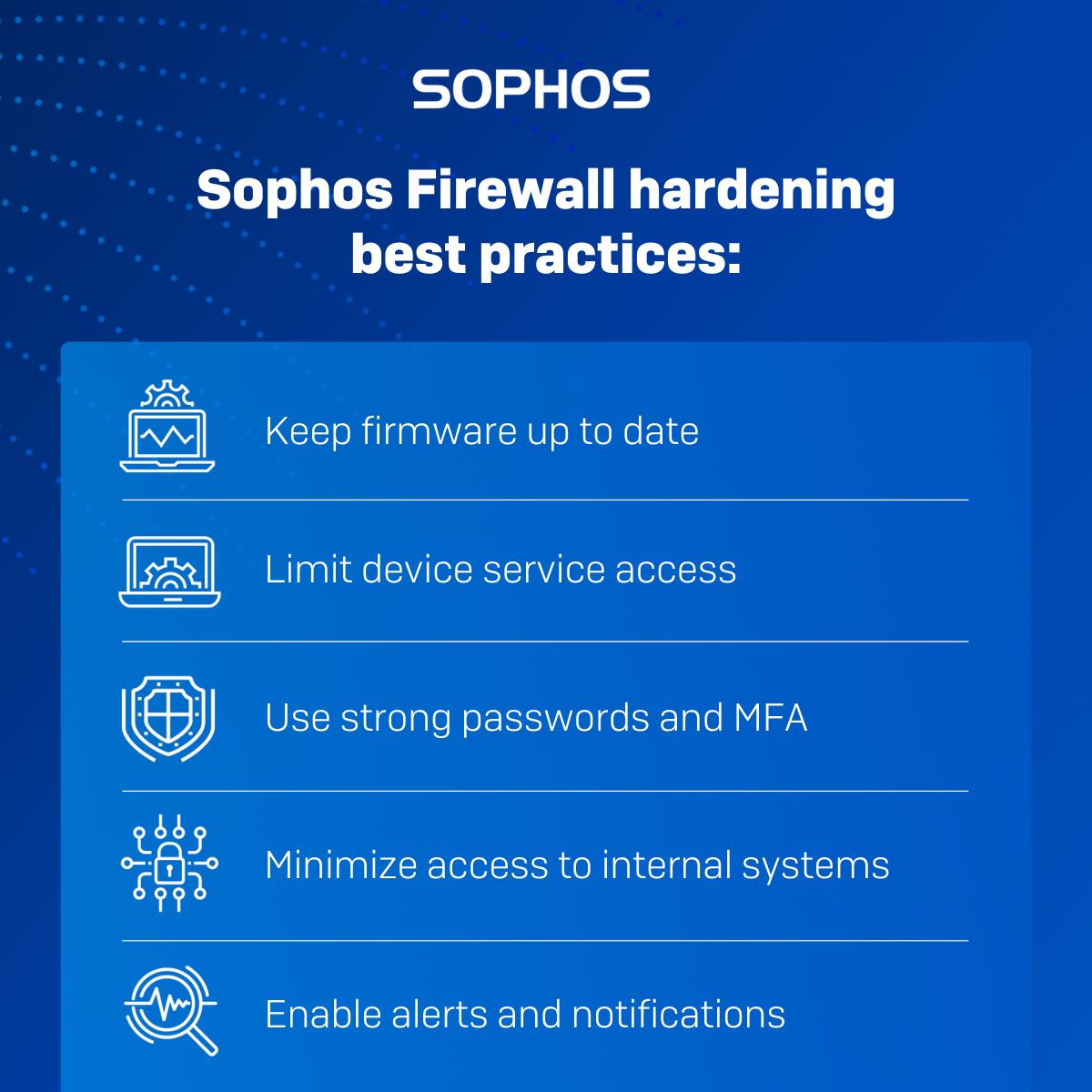 MarvAhlstrom's tweet photo. 🔥Sophos Firewall hardening best practices

At @Sophos, your security is our top priority. We have invested in making Sophos #Firewall the most secure firewall on the market – and we continuously work to make it the most difficult target for #hackers.

https://t.co/6NdHLOvFhG https://t.co/wQ1Einr4Do