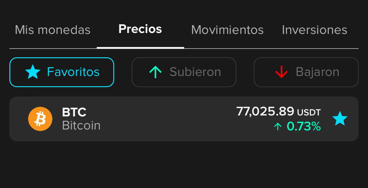 ¡Nuevo ATH de Bitcoin!🚀🚀

BTC logra su tercer día consecutivo rompiendo máximos y, esta vez, rompió la barrera de los $77.000🔥

Entrá a la App y seguí segundo a segundo la variación del precio📱