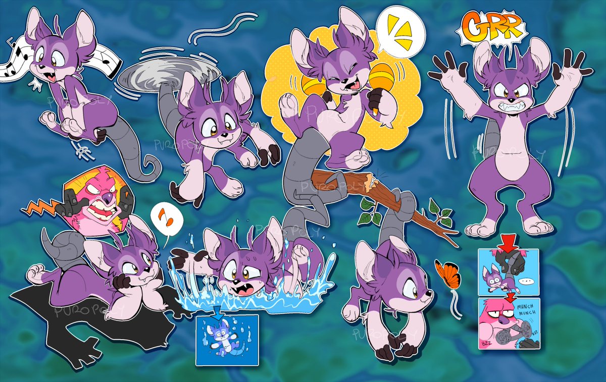 chara sheet for @/RanchRaccoon ! funky purple character that gets in trouble !!