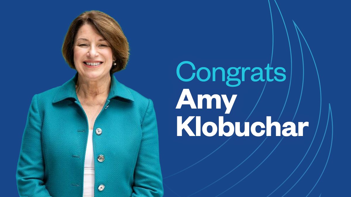 RTI_Digital's tweet photo. Congrats to Minnesota Senator Amy Klobuchar on winning reelection! Senator Klobuchar has been repeatedly recognized as one of the most effective U.S. senators thanks to her tireless advocacy for the American people. We're proud to have helped make this victory possible. https://t.co/l53TakCtAx