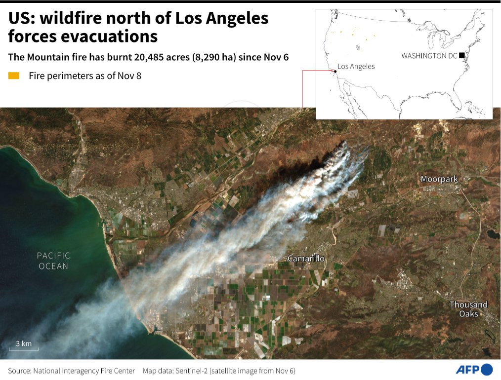 AFP's tweet image. The raging Mountain Fire in southern California has forced the evacuation of homes north of Los Angeles

#AFPgraphics