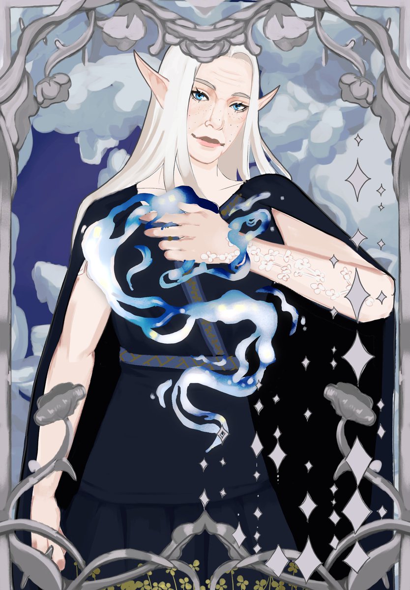 Getting back into this campaign so it's time to post the new art of my old elf Elarius drawn by the wonderful @lunahymn.

#dnd #oc #dndoc #elf #elfoc #dungeonsanddragons