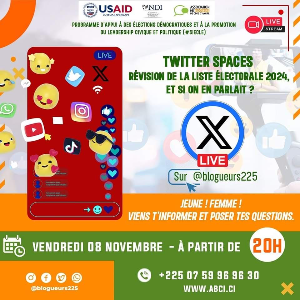 À 20h,  rejoignez <a href="/blogueurs225/">Association des Blogueurs de Côte d'Ivoire</a>  pour un Twitter Spaces sur la RLE.
Venez échanger avec d'autres jeunes et femmes afin de mieux comprendre le processus de Révision de la Liste Électorale 2024.
 #RLECIV2024 #abci225 #blogueurs225 
<a href="/USEmbAbidjan/">U.S. Embassy Abidjan</a>
<a href="/USAID/">USAID</a> <a href="/ndicotedivoire/">NDI Côte d'Ivoire</a>
.