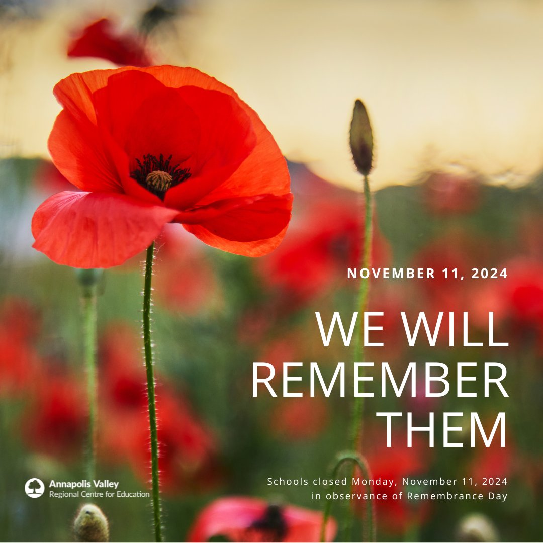 In observance of Remembrance Day, schools will be closed on Monday, November 11, 2024. 

On Remembrance Day, take time to honour the courage and contributions of those who served, and remember the sacrifices made to uphold peace.