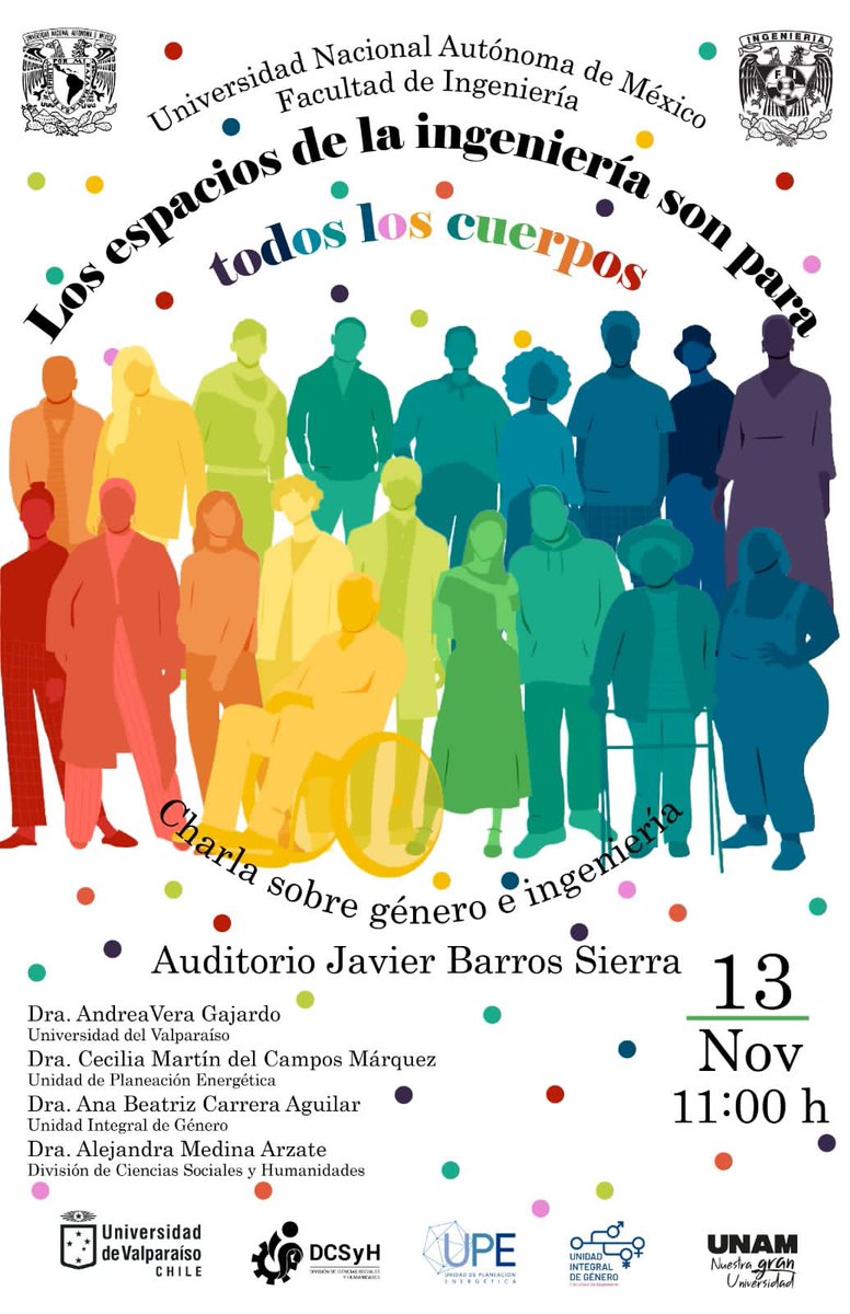 👥 Te invitamos a la charla sobre #Género e #Ingeniería "Los espacios de la ingeniería son para todos los cuerpos"

📅 Miércoles 13 de Noviembre
⏰ 11:00 horas
📍 Auditorio Javier Barros Sierra