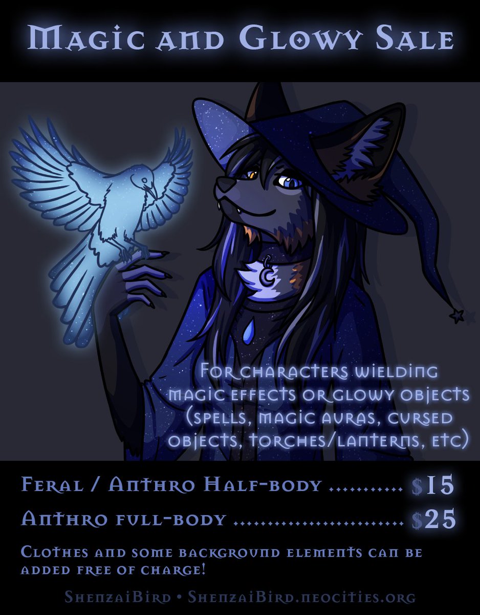 🔷 Magic and Glowy Sale 🔷

I really like drawing magic effects and heavy shadows so I thought I could do some commissions specifically for stuff like that!

DM me here or on Discord/Telegram (ShenzaiBird)
#furry #furryart #commsopen