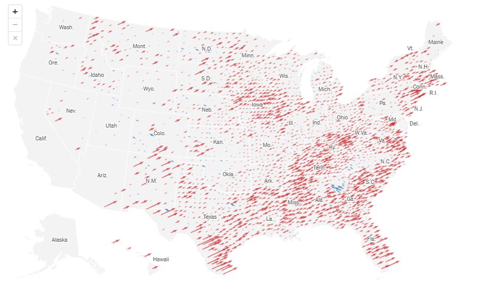 charliekirk11's tweet photo. The Democrats did so much worse this election cycle that the New York Times just adjusted their "Change since 2020" map to make the arrows smaller so it wouldn't look so bad. Too bad we screen grabbed the original!! https://t.co/SVRaxki4Nz