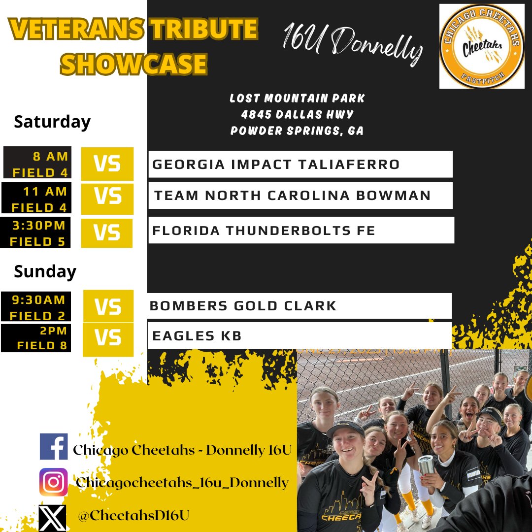 ChicagoCheetahsDonnelly (@cheetahsd16u) on Twitter photo Cheetahs are on the road for the very last showcase of the fall! Our girls will bring it in the Veterans Tribute Showcase in Georgia!!! <a href="/SBRRetweets/">Softball Recruiting Reposts</a> <a href="/ChicagoCheetahs/">Chicago Cheetahs</a> <a href="/CoastRecruits/">Coast 2 Coast Recruits</a> <a href="/D1Softball/">D1Softball</a> Cheetahs are on the road for the very last showcase of the fall! Our girls will bring it in the Veterans Tribute Showcase in Georgia!!! <a href="/SBRRetweets/">Softball Recruiting Reposts</a> <a href="/ChicagoCheetahs/">Chicago Cheetahs</a> <a href="/CoastRecruits/">Coast 2 Coast Recruits</a> <a href="/D1Softball/">D1Softball</a>